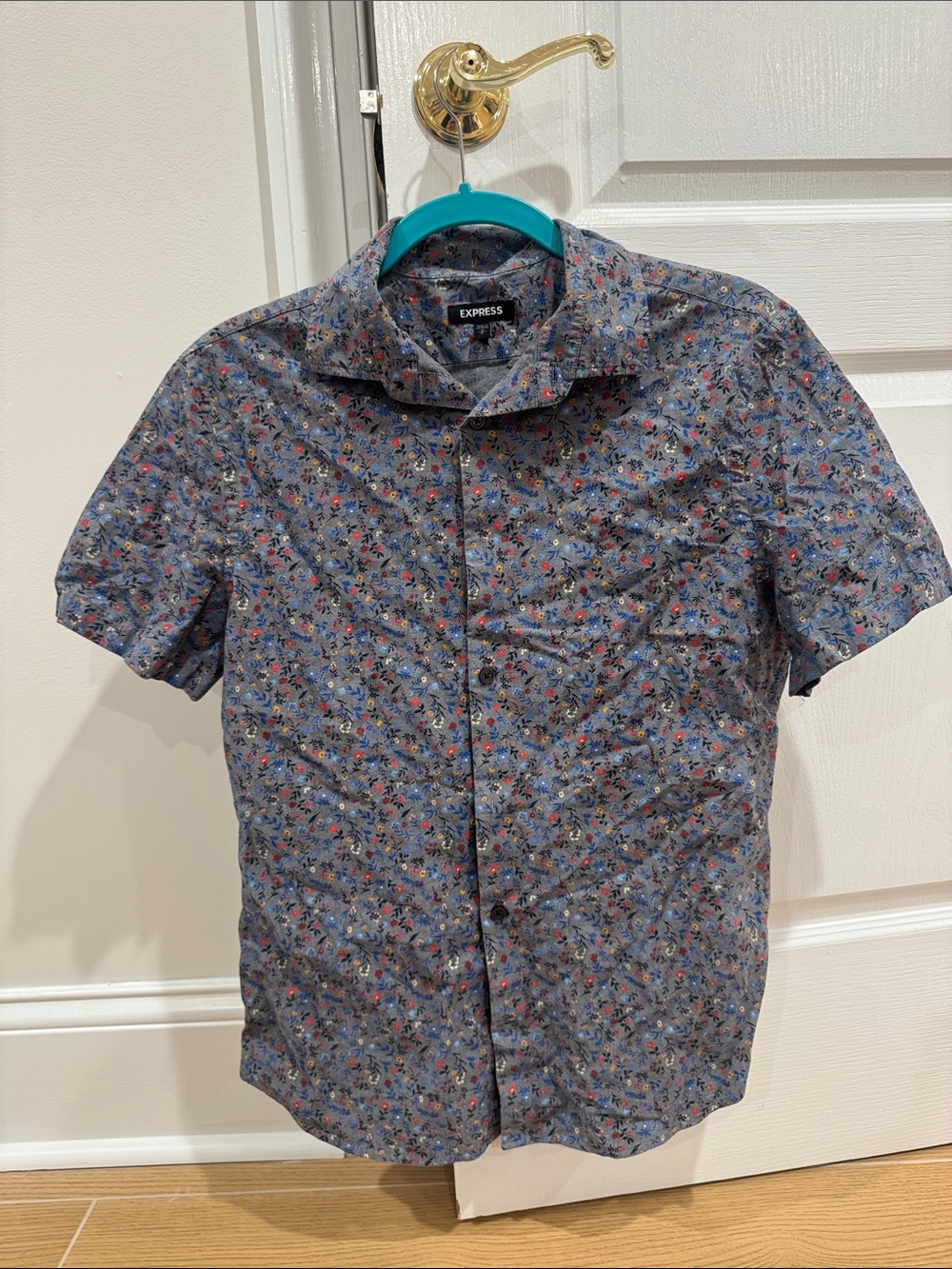 Express Men's Navy Blue Floral Short Sleeve Button-Down Shirt
